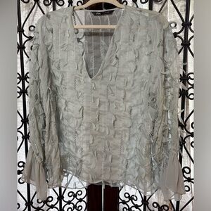 Zara Pale Green Textured V-Neck Blouse